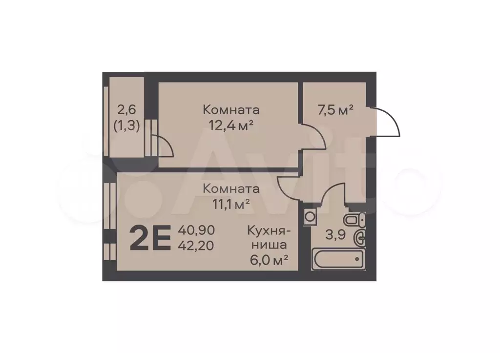 2-к. квартира, 42,2 м, 5/6 эт. - Фото 0