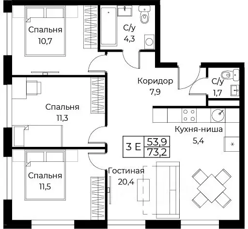 3-к кв. Москва ул. Наметкина, 10Д (73.2 м) - Фото 1