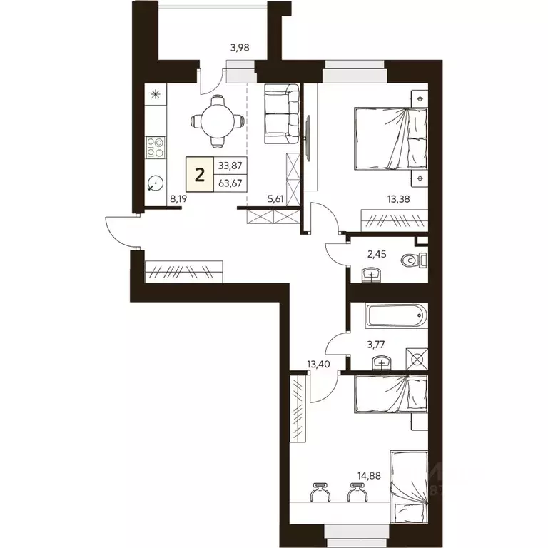 2-к кв. Башкортостан, Уфа ул. Жуковского, 19А (63.67 м) - Фото 1
