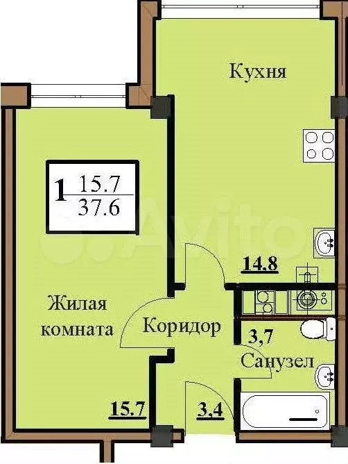 1-к. квартира, 37,6 м, 4/5 эт. - Фото 0