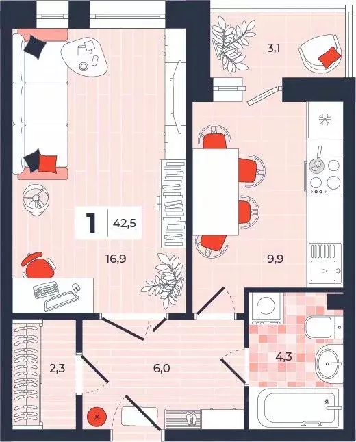 1-к кв. Тульская область, Тула ул. Академика Насоновой, 1А (42.5 м) - Фото 1