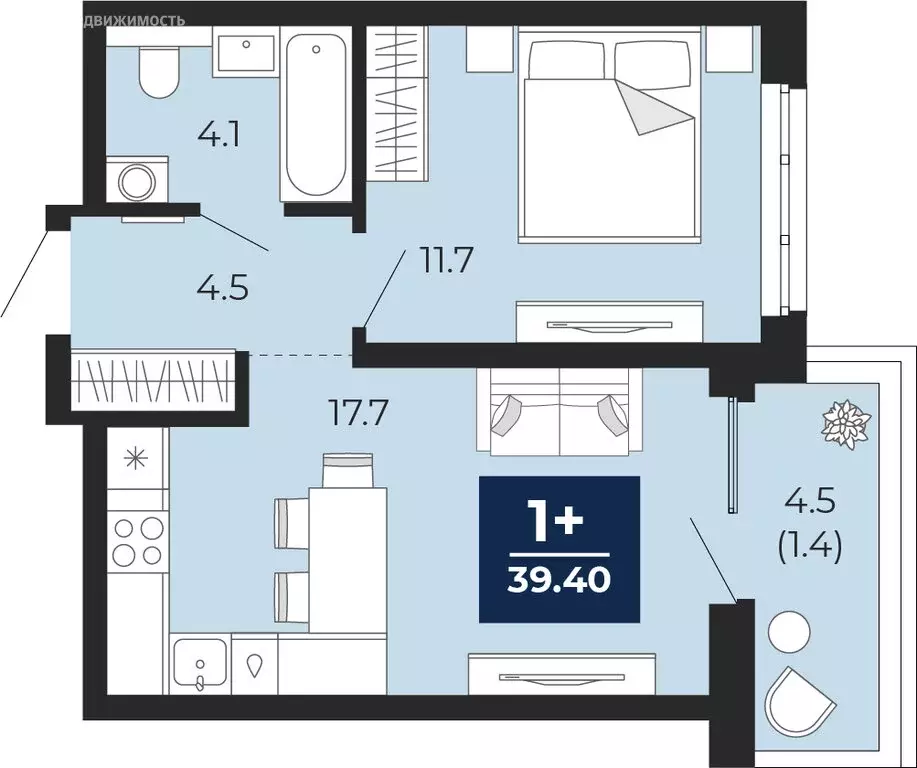 1-комнатная квартира: Тюмень, проезд Капитана Куликова, 5 (42.5 м) - Фото 1