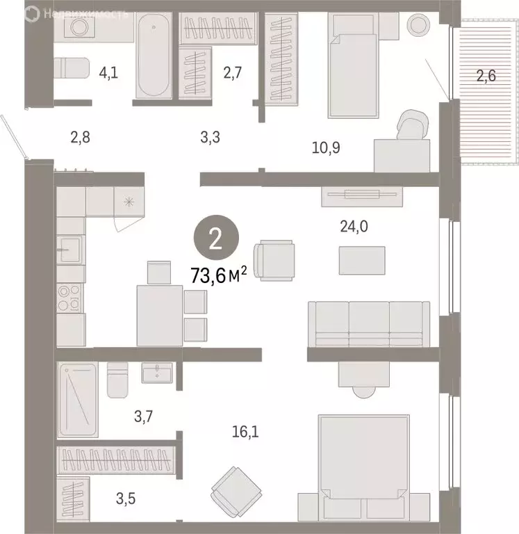 2-комнатная квартира: Тюмень, Мысовская улица, 26к2 (73.58 м) - Фото 1