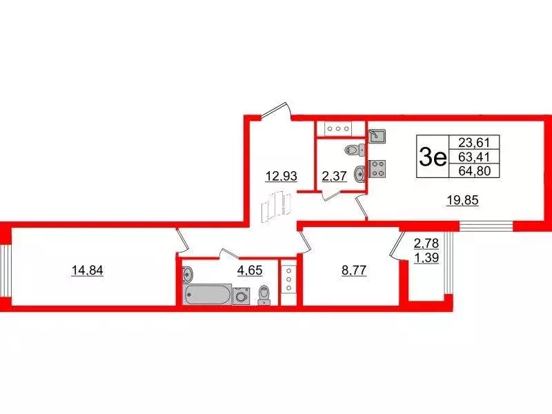 Квартира, 2 комнаты, 64.8 м - Фото 0