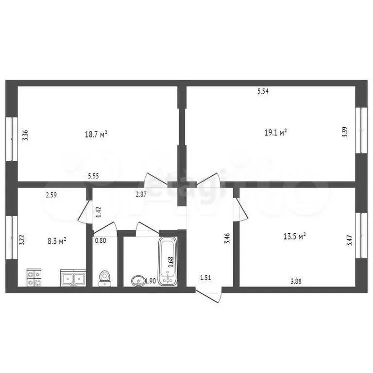 3-к. квартира, 73,5 м, 1/3 эт. - Фото 0