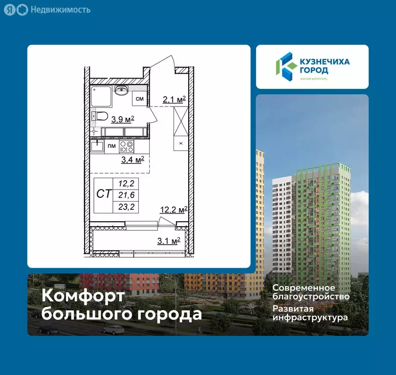 Квартира-студия: Нижний Новгород, ЖК Кузнечиха Город, 13 (23.2 м) - Фото 1