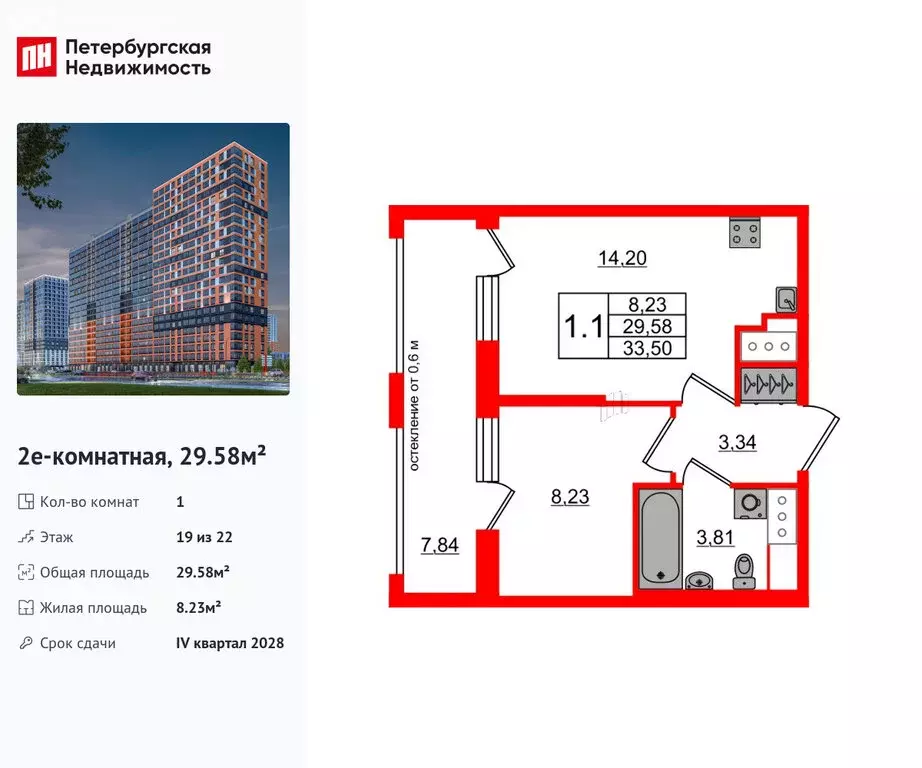 1-комнатная квартира: деревня Новосаратовка, ЖК Город Звёзд (29.58 м) - Фото 0