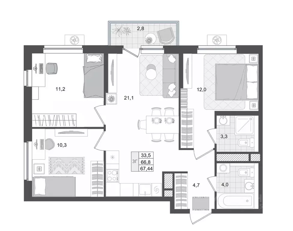 3-к кв. Тверская область, Тверь Лесная Мелодия-3 жилой комплекс (67.47 ... - Фото 2