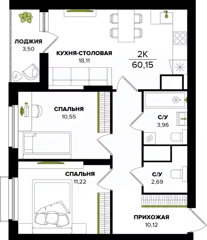 2-к кв. Тульская область, Тула ул. Академика Насоновой (60.15 м) - Фото 1