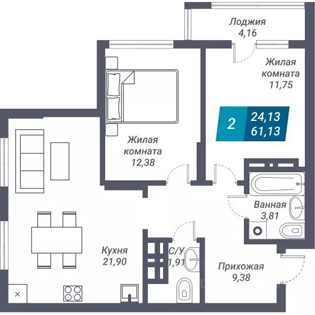 2-к кв. Новосибирская область, Новосибирск ул. Королева, 19 (61.13 м) - Фото 0