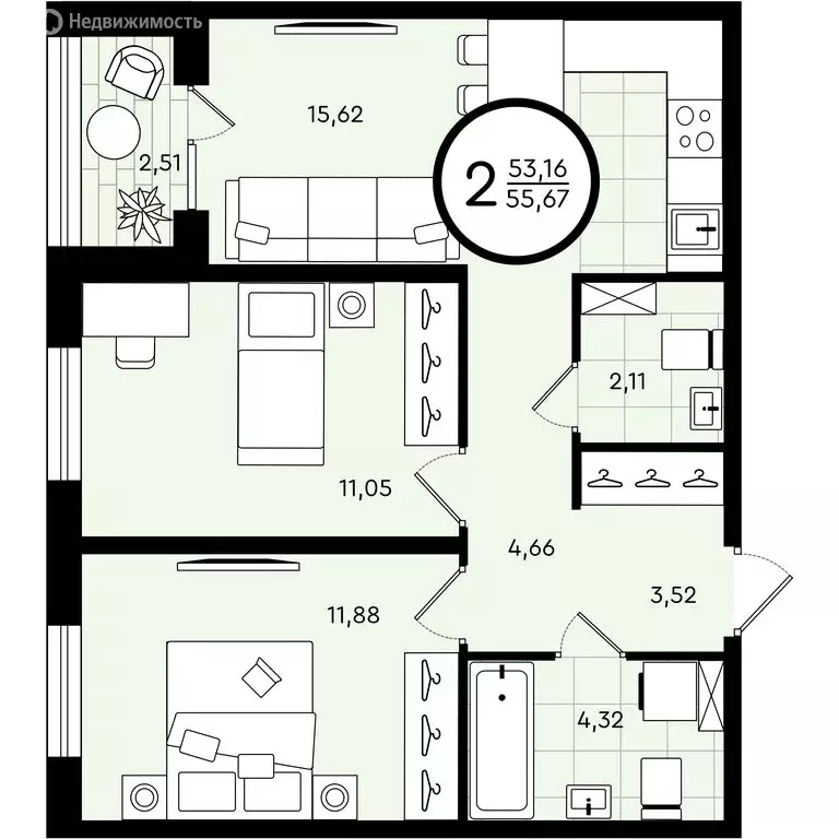 2-комнатная квартира: Тюмень, улица Александра Звягина, 4 (55.67 м) - Фото 1