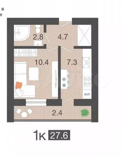 1-к. квартира, 27,6 м, 3/4 эт. - Фото 1