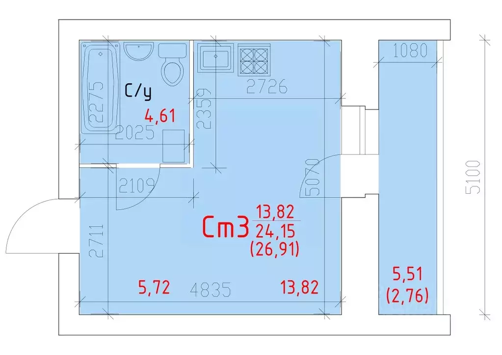 Студия Вологодская область, Череповец 109-й мкр,  (26.91 м) - Фото 1