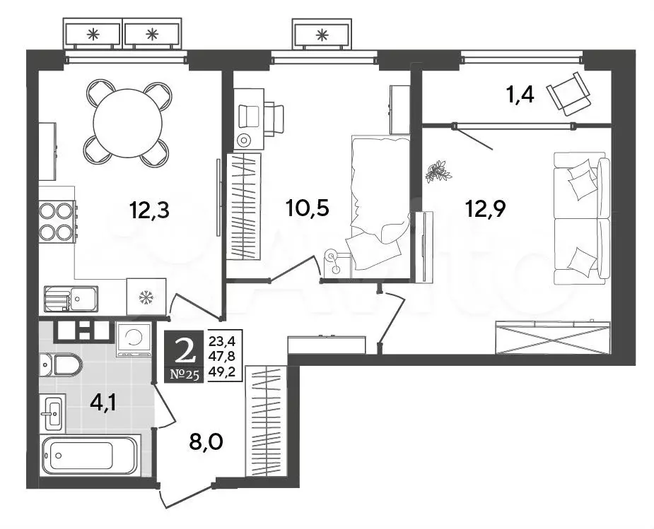 2-к. квартира, 49,2 м, 6/9 эт. - Фото 1