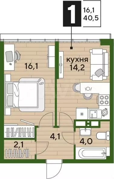 1-к. квартира, 40,5 м, 16/16 эт. - Фото 0