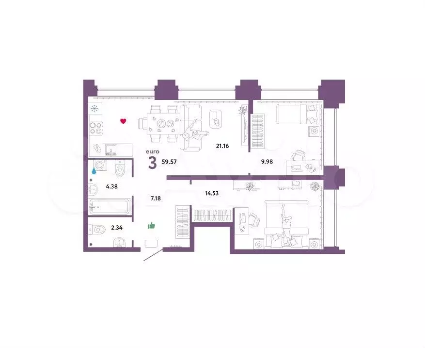 2-к. квартира, 60 м, 30/31 эт. - Фото 1