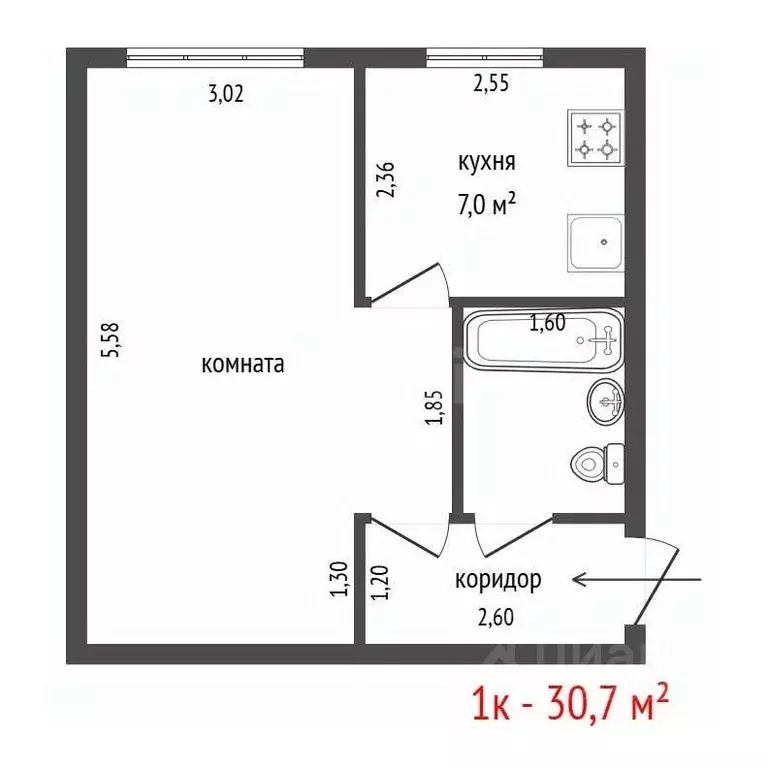 1-к кв. Свердловская область, Екатеринбург ул. Восточная, 11В (30.7 м) - Фото 2