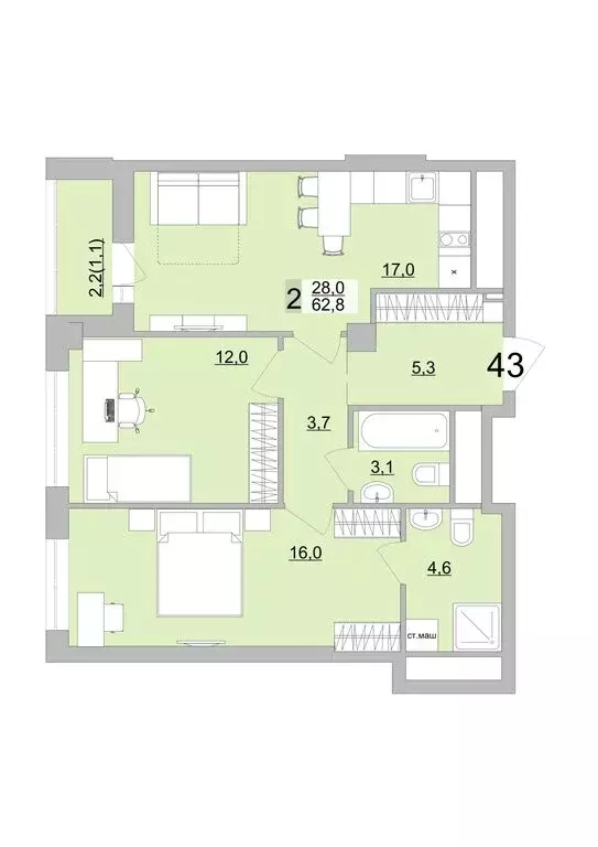 2-комнатная квартира: Екатеринбург, Черкасская улица, 5к3 (62.8 м) - Фото 0