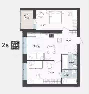 2-к. квартира, 65,6 м, 1/9 эт. - Фото 1