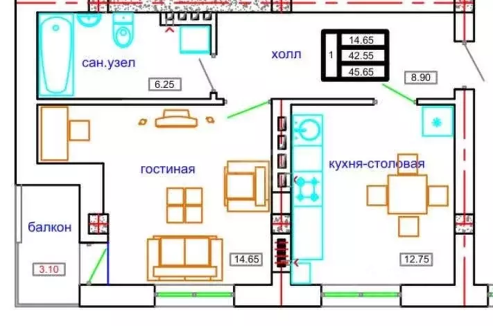 1-к кв. Северная Осетия, Владикавказ ул. Шмулевича, 12 (45.65 м) - Фото 2