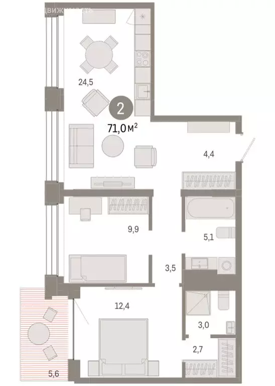 2-комнатная квартира: Тюмень, улица Муравленко, 9/2 (70.96 м) - Фото 2