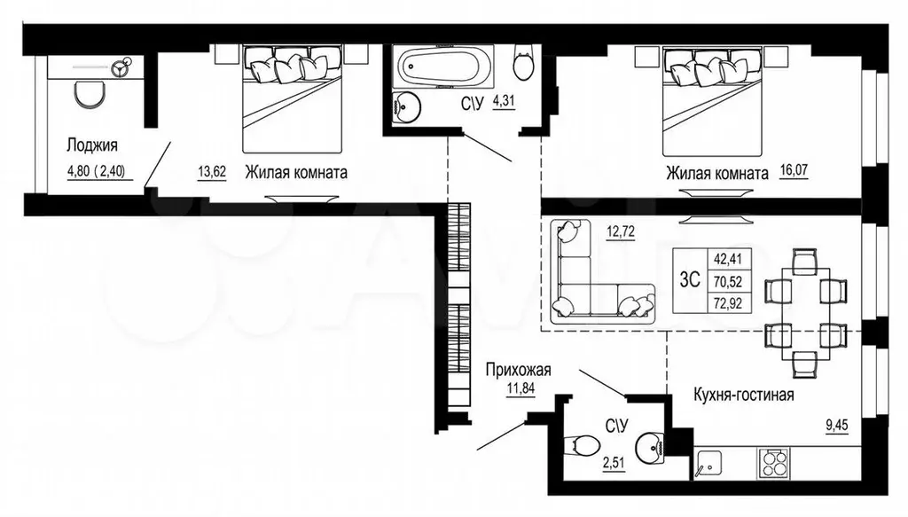 3-к. квартира, 73,1м, 3/26эт. - Фото 0