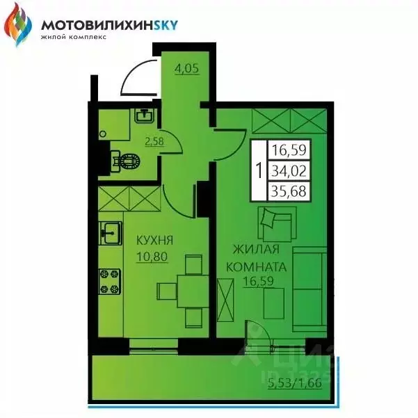 1-к кв. Пермский край, Пермь ул. Гашкова, 56к1 (35.68 м) - Фото 0