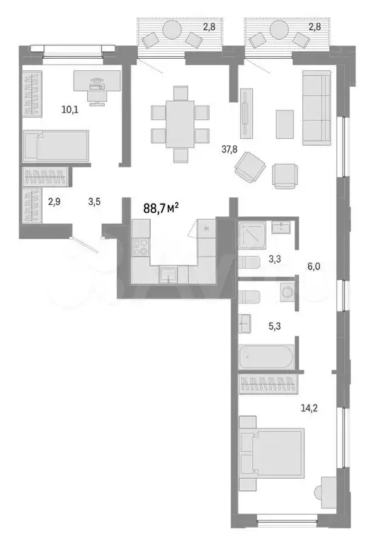 3-к. квартира, 88,7 м, 3/8 эт. - Фото 0