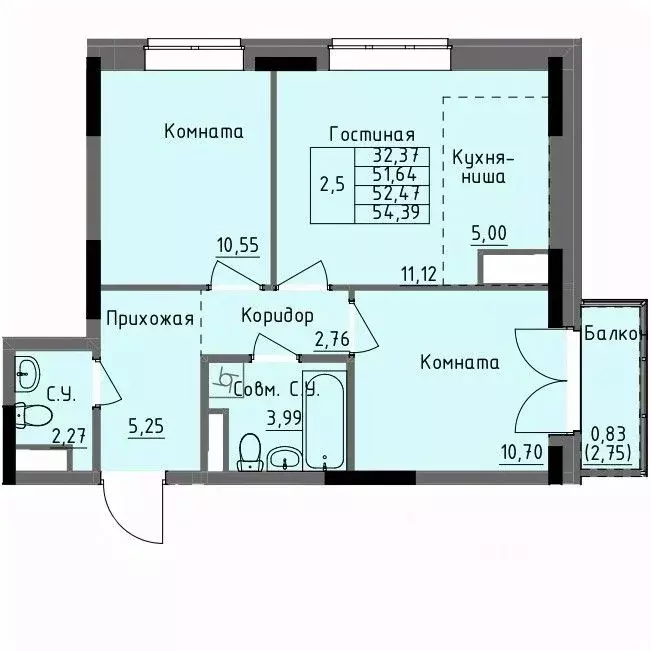 2-к кв. Удмуртия, Ижевск Строитель жилрайон, 4-й мкр,  (52.47 м) - Фото 0