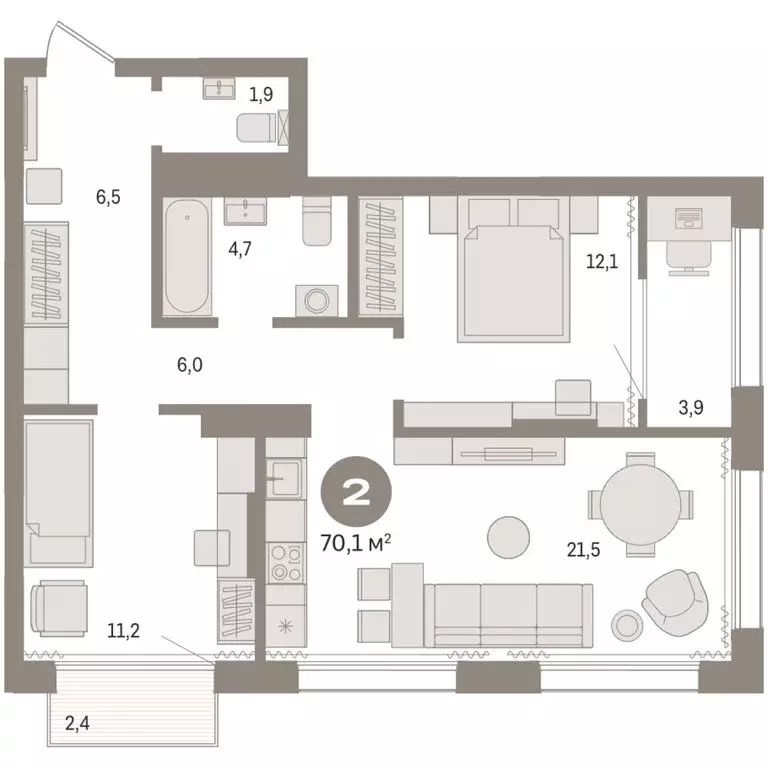 2-комнатная квартира: Тюмень, Краснооктябрьская улица, 4 (70.09 м) - Фото 1