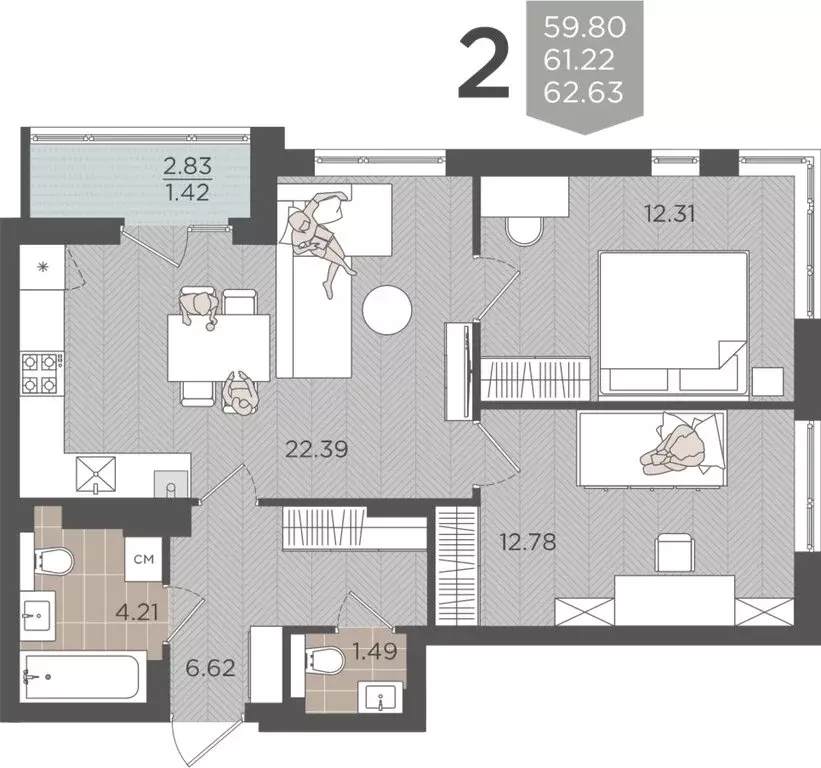 2-комнатная квартира: Калининград, Батальная улица, 65А (61.22 м) - Фото 1