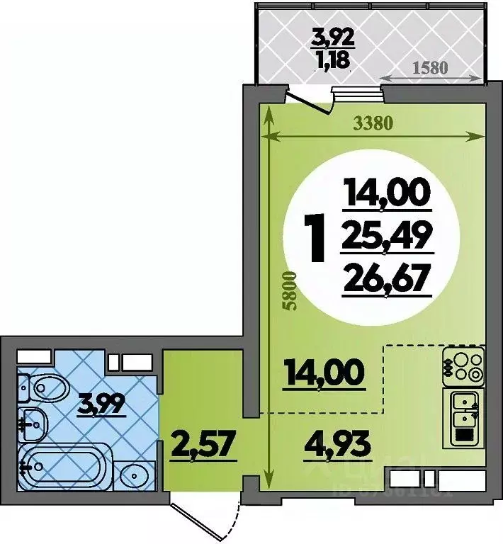 Студия Адыгея, Майкоп ул. Владимира Жоги, 4 (26.67 м) - Фото 1