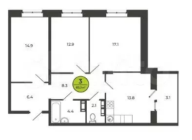 3-к. квартира, 83,3 м, 2/8 эт. - Фото 0