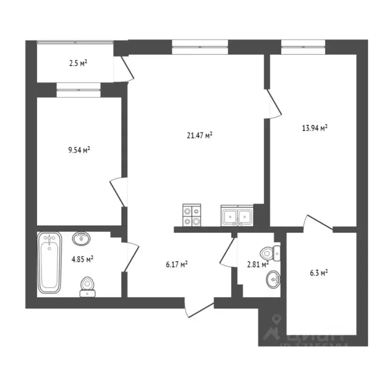 2-к кв. Тюменская область, Тюмень ул. Василия Севергина, 5 (68.9 м) - Фото 2