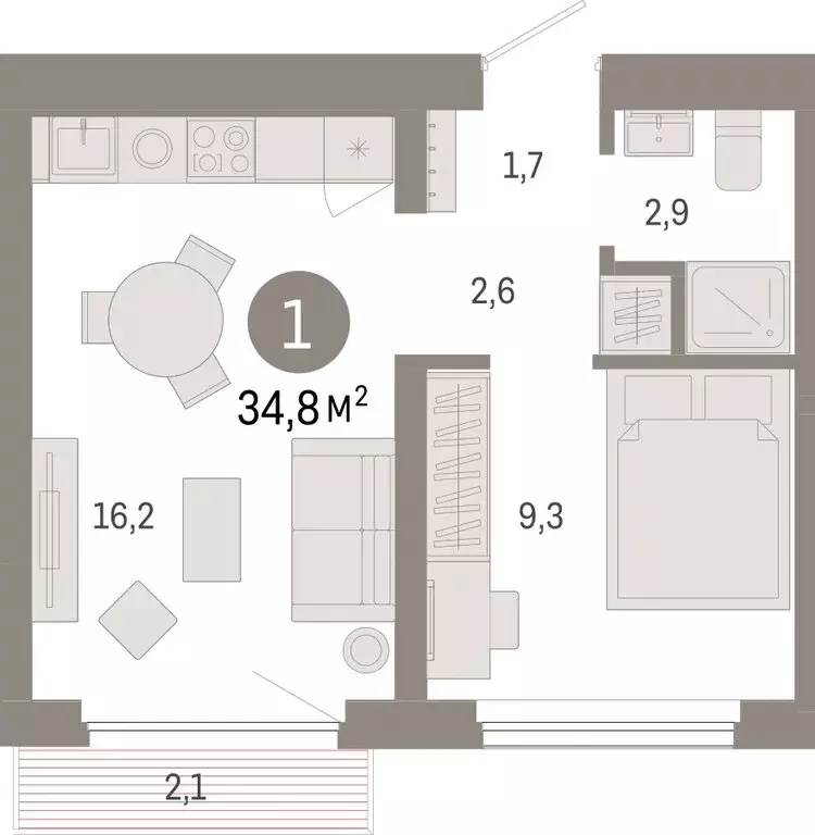 1-комнатная квартира: Новосибирск, Заельцовский район (34.8 м) - Фото 1