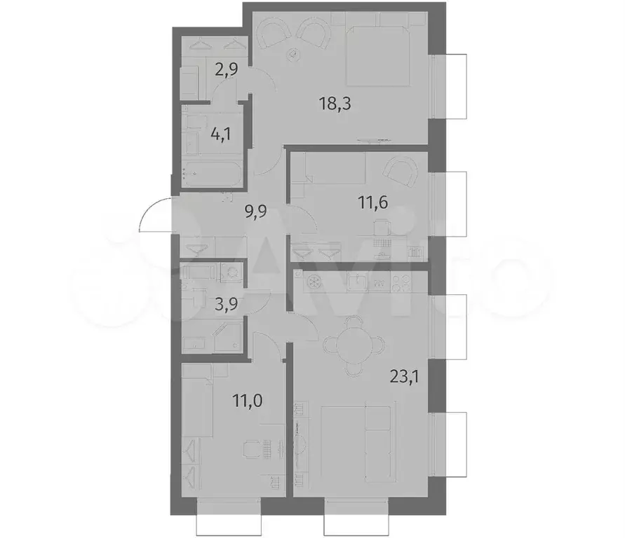 3-к. квартира, 84,8 м, 2/6 эт. - Фото 0