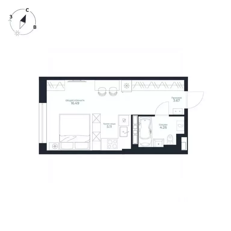 Студия Приморский край, Владивосток Каскада жилой комплекс (29.53 м) - Фото 1