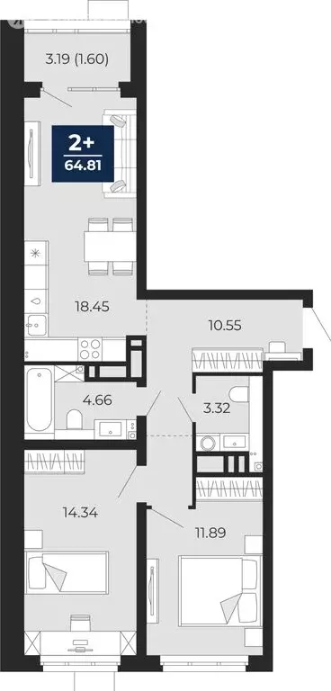 2-комнатная квартира: Тюмень, микрорайон Ямальский-2 (64.81 м) - Фото 0