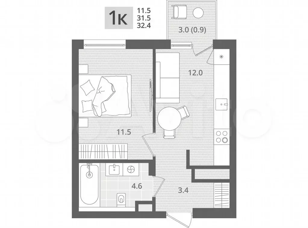1-к. квартира, 32,4 м, 3/7 эт. - Фото 1
