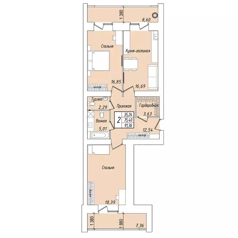 2-к квартира, 91.36 м - Фото 0