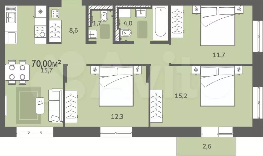 3-к. квартира, 70 м, 6/6 эт. - Фото 0