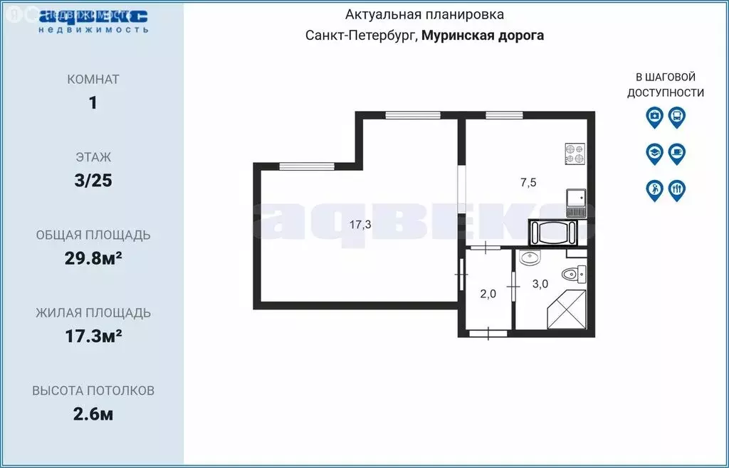 1-комнатная квартира: Санкт-Петербург, Муринская дорога, 4к1 (29.5 м) - Фото 2