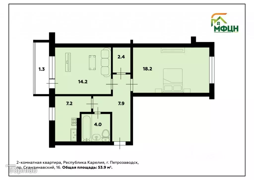 2-к кв. Карелия, Петрозаводск проезд Скандинавский, 16 (53.9 м) - Фото 1