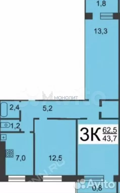 3-к. квартира, 62,5 м, 6/9 эт. - Фото 0