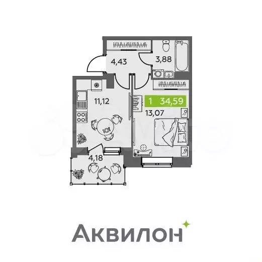 1-к. квартира, 34,6 м, 5/9 эт. - Фото 0