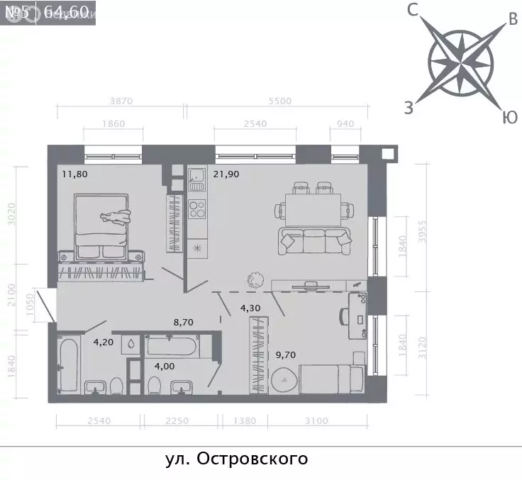 2-комнатная квартира: Казань, улица Островского, 110 (64.6 м) - Фото 1