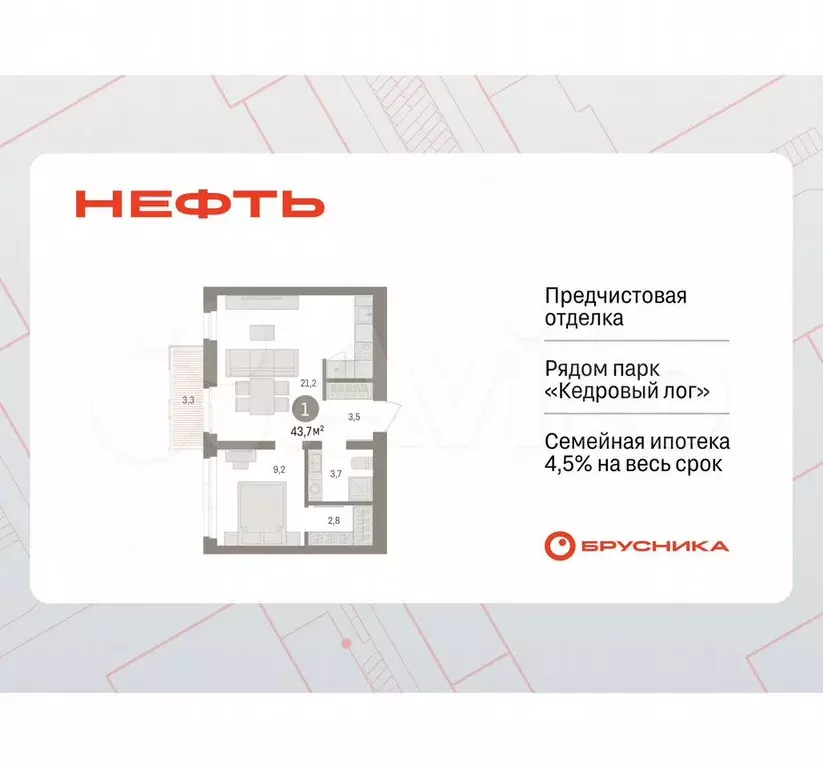 1-к. квартира, 43,7 м, 3/9 эт. - Фото 0