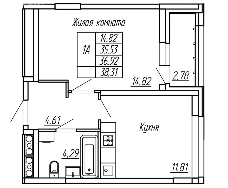 1-комнатная квартира: Йошкар-Ола, ЖК Два Капитана (36.92 м) - Фото 0