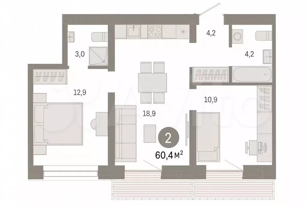 2-к. квартира, 60,4 м, 6/9 эт. - Фото 1