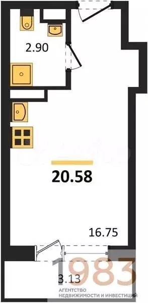 Квартира-студия, 20,6 м, 20/20 эт. - Фото 0